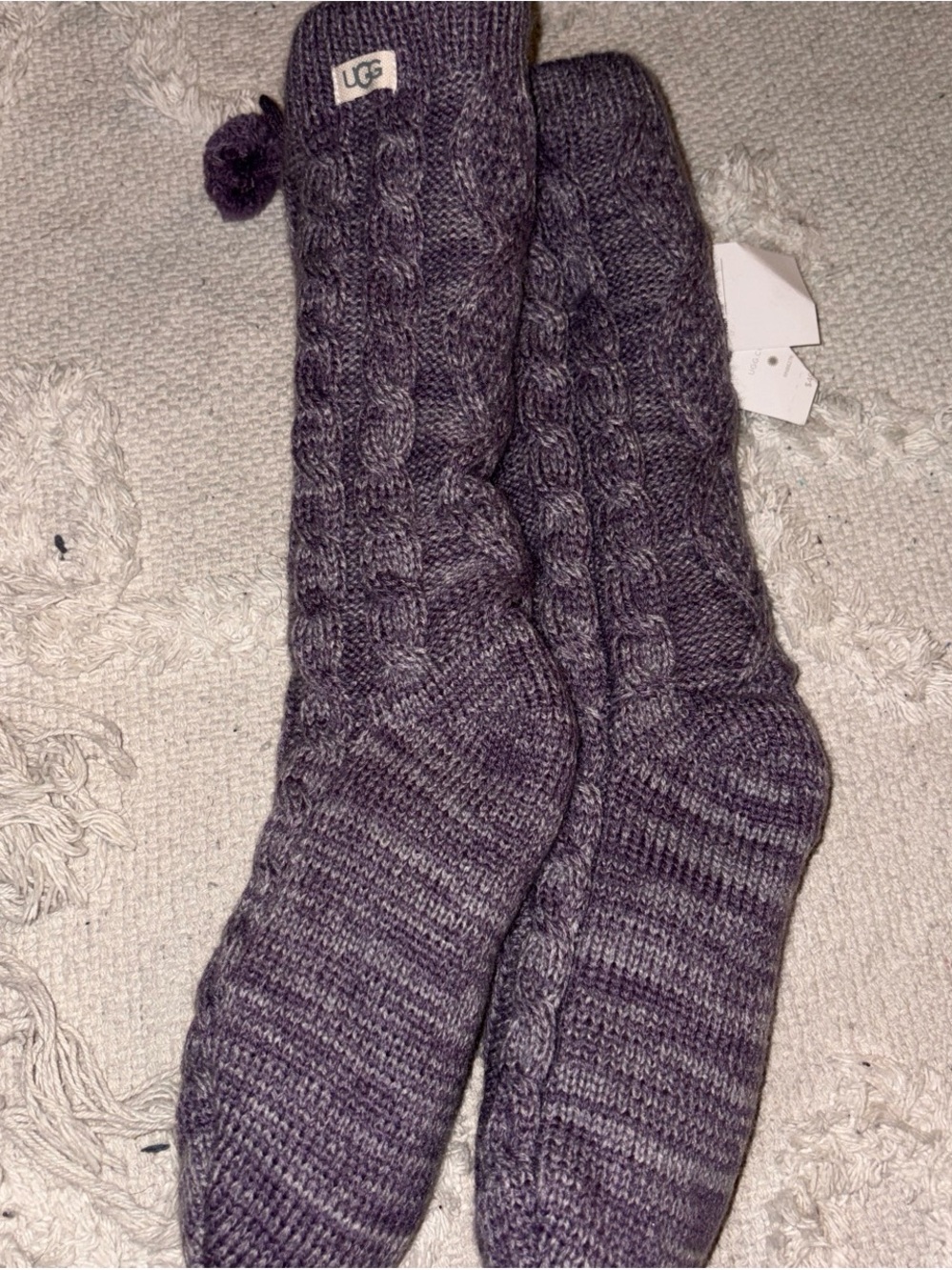 UGG Heathered Purple Cable-Knit Knee Socks with Pom